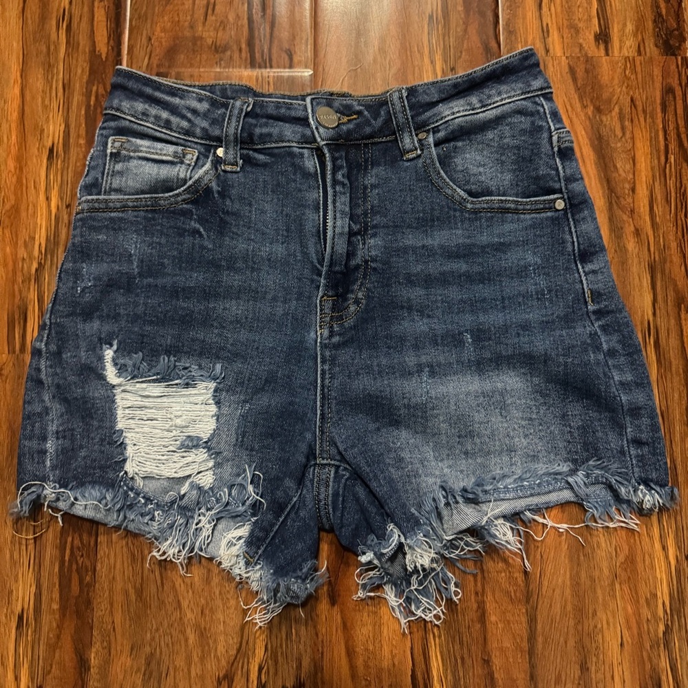 Risen High-Rise Distressed Jean Shorts with Frayed Hem